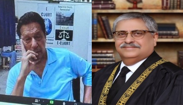 A combo showing the image released by PTI shows party founder Imran Khan (left) during his appearance before SC in NAB amendments case and SC judge Justice Athar Minallah. — PTI/SC website/File