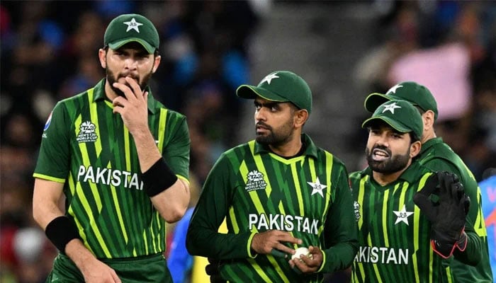 A representational image showing Pakistani cricketers Shaheen Shah Afridi, Babar Azam and Mohammad Rizwan during a world cup match in this undated image — ICC/File