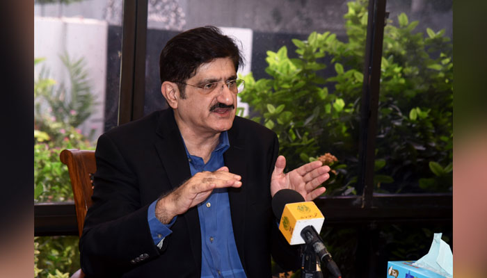 Sindh Chief Minister Syed Murad Ali Shah talks to the media at the Sindh People’s Housing for Flood Affectees (SPHF) office on June 6, 2024. — Facebook/Sindh Chief Minister House