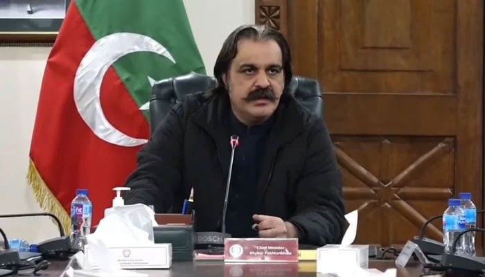 This screengrab taken from a video released on March 8, 2024, shows the Khyber Pakhtunkhwa Chief Minister Ali Amin Gandapur speaking to senior Journalists in Peshawar. — Facebook/Ali Amin Khan Gandapur