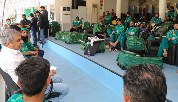 PCB Chairman Mohsin Naqvi (2L) speaks to the men’s national team at the Gaddafi Stadium in Lahore on May 5, 2024. — PCB