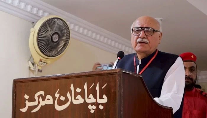 Awami National Party (ANP), Khyber Pakhtunkhwa chapter President Mian Iftikhar Hussain addresses the Provincial Council meeting at Bacha Khan Markaz on May 1, 2024. — Facebook/Awami National Party
