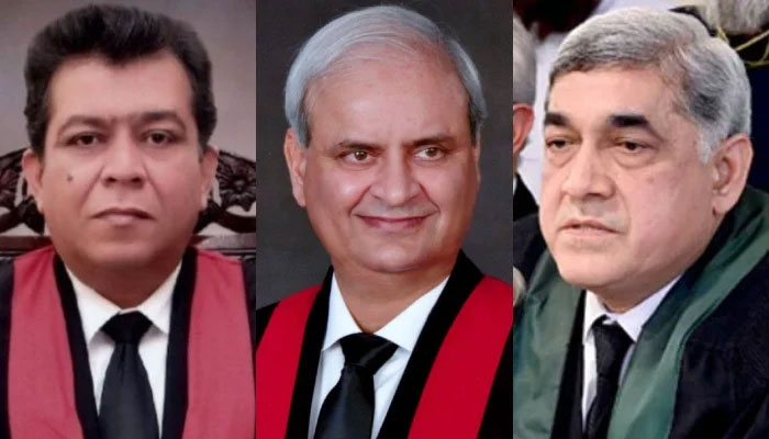 (Left to right) LHC Justices Shahid Bilal, Chief Justice Malik Shahzad Ahmad and Sindh High Court Chief Justice Aqeel Abbasi. — LHC website/APP/File