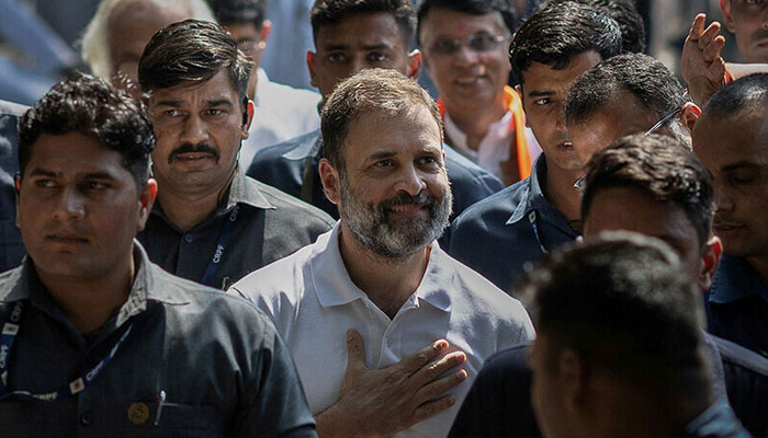 Rahul Gandhi, a senior leader of India’s main opposition Congress party, arrives to address the media after the initial poll results in Karnataka elections at the party headquarters, in New Delhi, India on May 13. — Reuters