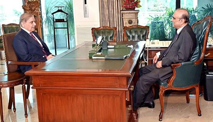 Prime Minister Shehbaz Sharif meets President Asif Ali Zardari in Islamabad. — X/@MediaCellPPP/File