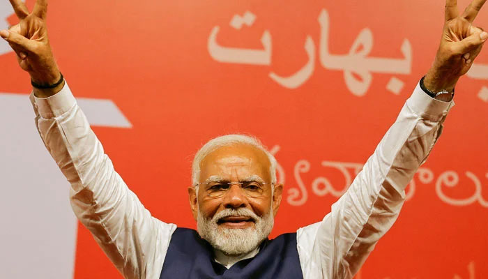 Indian Prime Minister Narendra Modi gestures at the Bharatiya Janata Party (BJP) headquarters in New Delhi, India, June 4, 2024. — Reuters