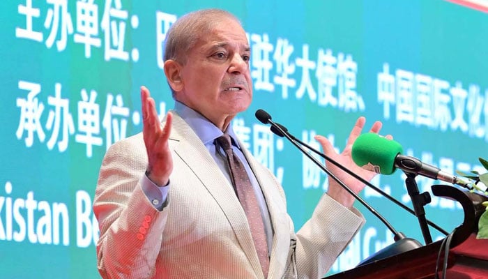 PM Shehbaz Sharif addresses the Pakistan-China Friendship and Business event during his China visit on June 6, 2024. — PID
