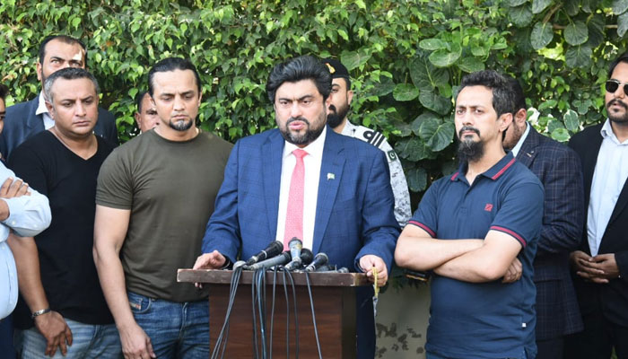 Sindh Governor Kamran Khan Tessori speaks to media persons after visiting the residence of Itteqa Moeen (late) in Karachi on June 8, 2024. — X/@KamranTessoriPk