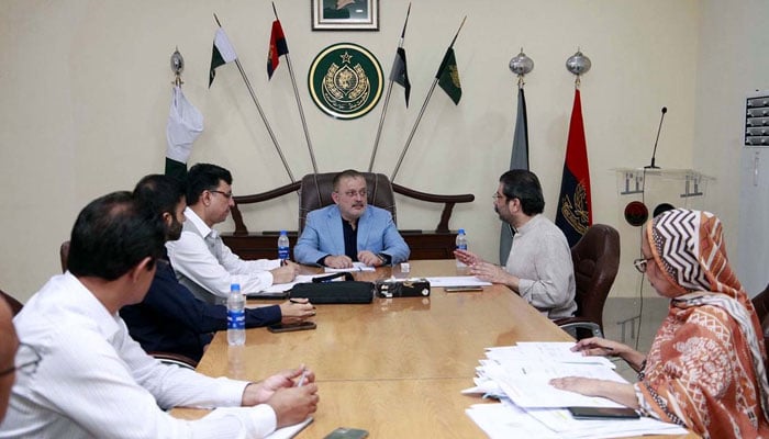 Sindh Minister for Excise and Taxation, Transport, and Mass Transit, Sharjeel Inam Memon presides over the meeting regarding the revenue department at Excise, Taxation, Narcotics Control Department office in Karachi on June 8, 2024. — PPI