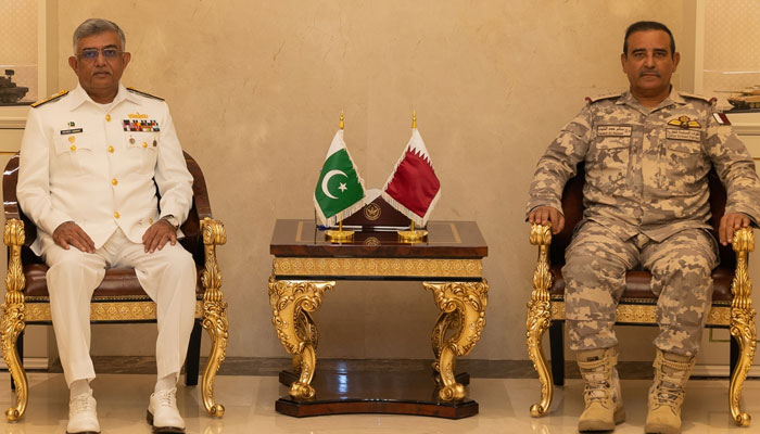 (CNS) Admiral Naveed Ashraf (L) meets with Chief of Staff Qatar Armed Forces, Lieutenant-General (Pilot) Salem bin Hamad bin Aqeel Al Nabit during an official visit to Qatar on June 8, 2024. — Facebook/Director General Public Relations - Navy