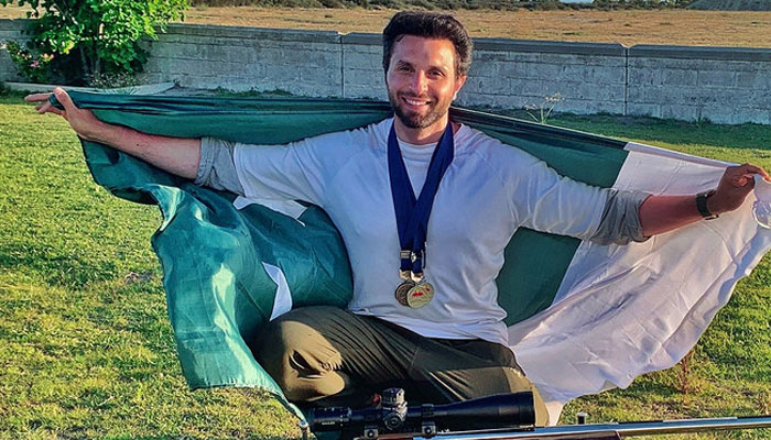 Pakistans long-range shooter Mohsin Nawaz gestures for a photo with his medals at 68th Bisley Long Range Championship in South Africa on November 20, 2022. — Facebook/MohsinNawaz0fficial