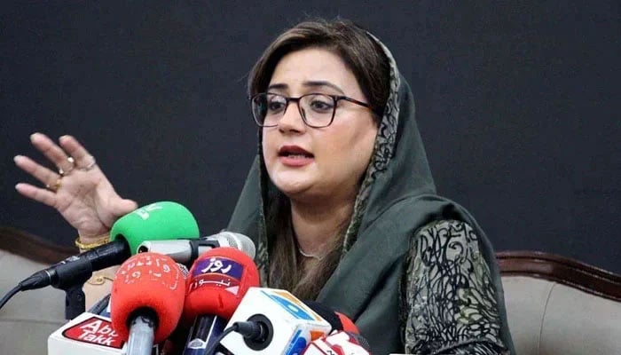 Punjab Minister for Information Azma Bokhari addresses a press conference in Lahore. — PPI/File