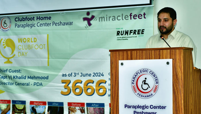 Participant speaks during the World Clubfoot Day organised by the Paraplegic Centre Peshawar on June 3, 2024. — Facebook/Paraplegic Center Peshawar