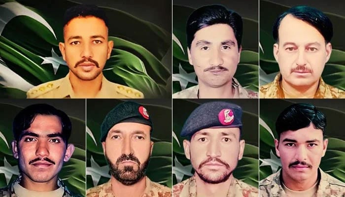 Captain Muhammad Faraz Ilyas (top left) among seven soldiers who embraced martyrdom in IED blast in Lakki Marwat district of Khyber Pakhtunkhwa on June 9, 2024. — ISPR