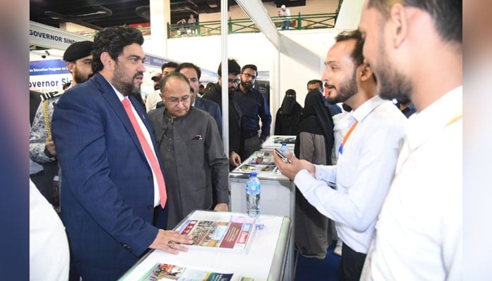 In this image, Sindh Governor Kamran Khan Tessori visits a stall at The News Education Expo, organised by the Jang Media Group on June 8, 2024. — X/@KamranTessoriPk