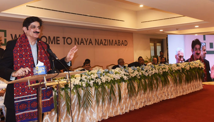 Sindh Chief Minister Syed Murad Ali Shah speaks at the inauguration ceremony of Gymkhana, Jamia Masjid and flyover at Naya Nazimabad on June 8, 2024. — Facebook/Sindh Chief Minister House