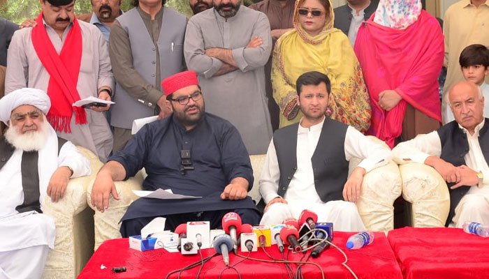 ANP President Senator Aimal Wali Khan (second left) pictured alongside National Party chief Dr Abdul Malik Baloch (first right) and others speak during a press conference in Quetta on June 9, 2024. — Facebook/Awami National Party