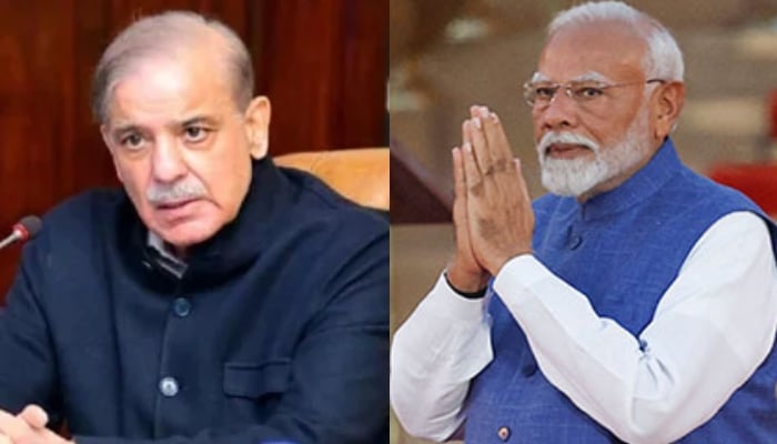 A collage showing an undated image of PM Shehbaz Sharif (left) and Indian PM Narendra Modi gesturing during a swearing-in ceremony at the presidential palace in New Delhi, India, June 9, 2024. — PID/Reuters