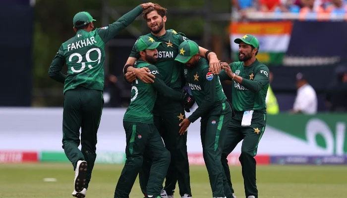 Pakistani pacer Shaheen Afridi celebrates with teammates after dismissing India’s Rohit Sharma during the ICC Men’s T20 Cricket World Cup 2024 match between India and Pakistan at Nassau County International Cricket Stadium in New York on June 9, 2024. —AFP