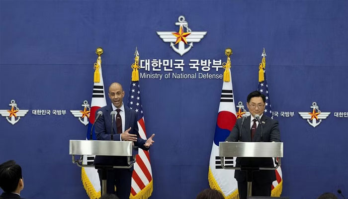 A representational image showing South Koreas Deputy Defence Minister for Policy Cho Chang-rae holds a press conference with US acting US Assistant Secretary of Defence for Space Policy. — Reuters/File
