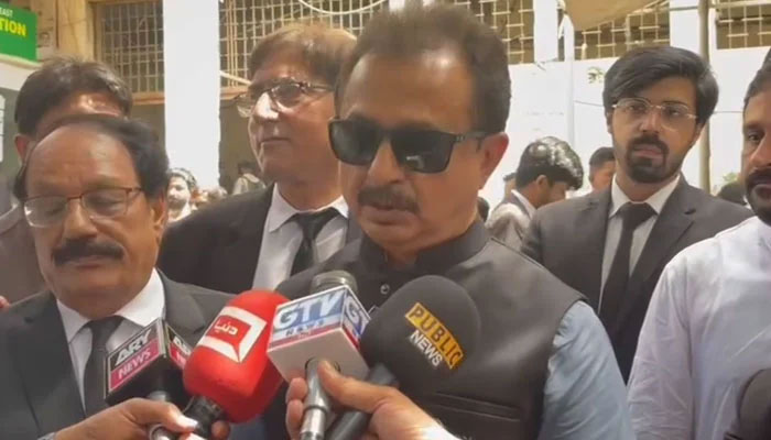 PTI leader and former Sindh Assembly opposition leader Haleem Adil Sheikh speaks to media persons on March 27, 2024. — Screengrab via Facebook/Haleem Adil Sheikh