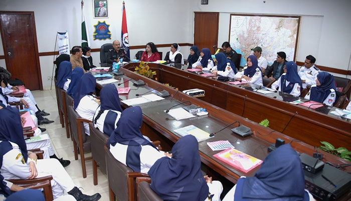 Deputy Inspector General of Karachi Traffic Police Ahmed Nawaz speaks during a programme on behalf of the Aurat Foundation on June 10, 2024. — Facebook/Karachi Traffic Police