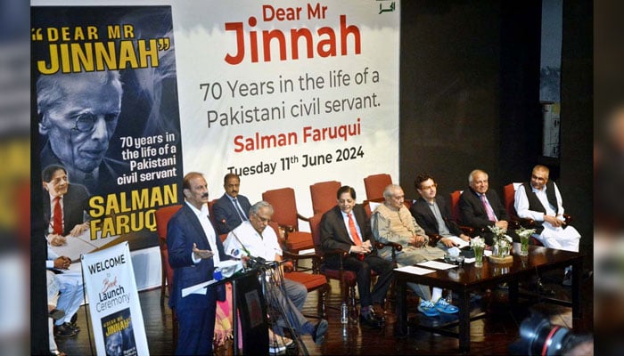 Director General Walled City of Lahore Authority, Kamran Lashari is addresses at the launch ceremony of the book Dear Mr Jinnah by author and former bureaucrat Salman Farooqui at Al Hamra on June 11, 2024. — APP