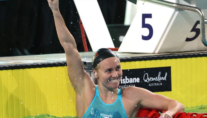 Australia’s Ariarne Titmus reacts after breaking the womens 200m freestyle world record. — AFP/file