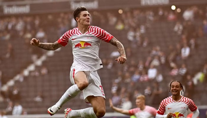 Sought-after striker Benjamin Sesko seen celebrating a goal.— AFP/file