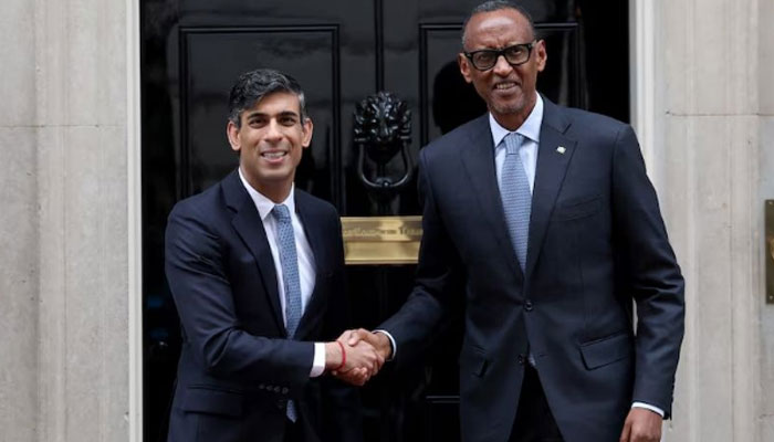 Britains Prime Minister Rishi Sunak welcomes Rwandan President Paul Kagame outside 10 Downing Street in London, Britain, April 9, 2024. — Reuters