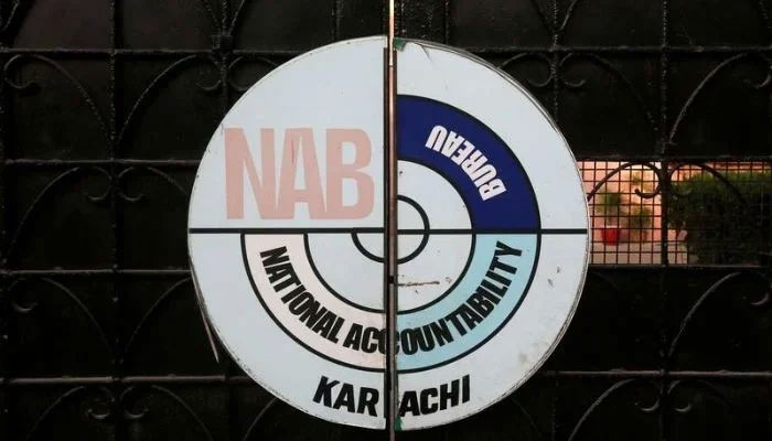 National Accountability Bureau logo can be seen on a gate at one of NABs office. — Reuters/File