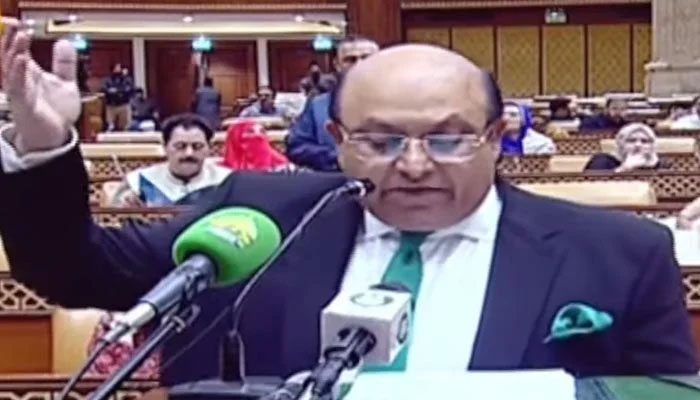 Punjab Finance Minister Mujtaba Shuja-ur-Rehman is presenting a budget in the provincial assembly on June 13, 2024. — Screengrab/YouTube/GeoNews