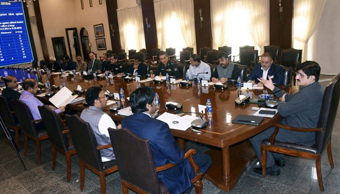 Sindh Chief Minister, Syed Murad Ali Shah presides over a meeting to review overall Law and Order Situation in the Province at CM House in Karachi on June 13, 2024. — PPI