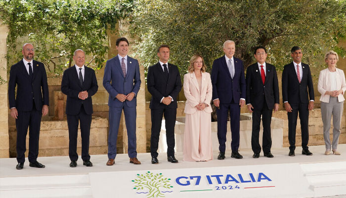 Italy’s Prime Minister Giorgia Meloni, US President Joe Biden, France’s President Emmanuel Macron, Canada’s Prime Minister Justin Trudeau, Germany’s Chancellor Olaf Scholz, Britain’s Prime Minister Rishi Sunak, Japan’s Prime Minister Fumio Kishida, European Commission President Ursula von der Leyen and President of the European Council Charles Michel pose for a family photo on the first day of the G7 summit at the Borgo Egnazia resort, in Savelletri, Italy, June 13. — Reuters