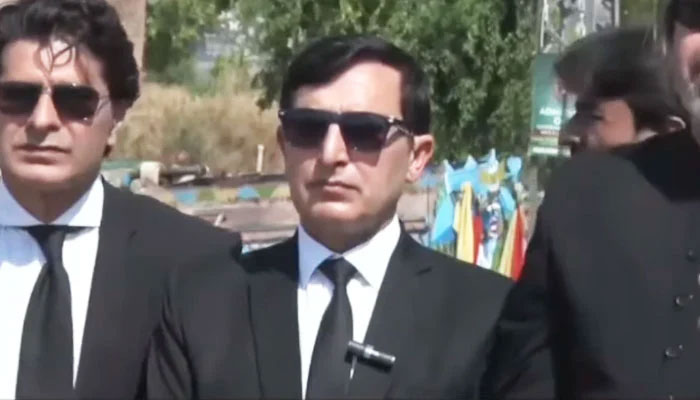 PTI Chairman Barrister Gohar speaks with journalists outside the Adiala jail in Rawalpindi on June 11, 2024. — Screengrab/YouTube/GeoNews