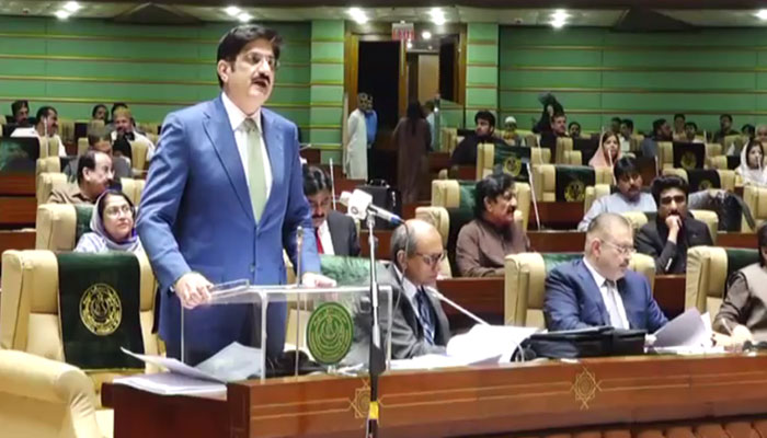 The screenshot shows Chief Minister Syed Murad Ali Shah presenting budget speech on June 14, 2024.  — Facebook/ShahzadMemonPPP