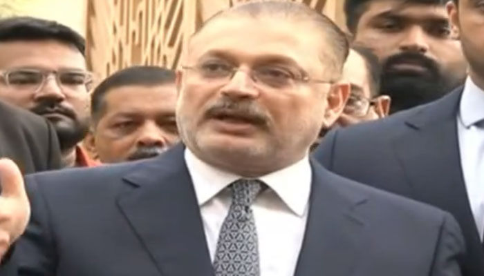 The screenshot shows Sindh Senior Minister for Information Sharjeel Inam Memon talking to the media on June 14, 2024. — Facebook/SharjeelInamMemon63