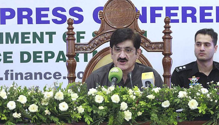Sindh Chief Minister Syed Murad Ali Shah addresses a post-budget press conference at Sindh Assembly building on June 15, 2024. — APP