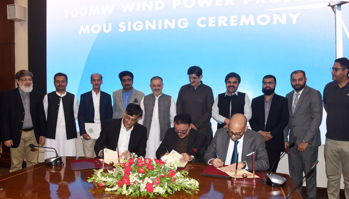 Sindh CM Syed Murad Ali Shah, along with provincial ministers witness the signing ceremony between STDC and Gul Ahmad Group for the installation of a 100 MW Wind Power Project by Gul Ahmad Co at CM House on June 15, 2024. — Facebook/Sindh Chief Minister House