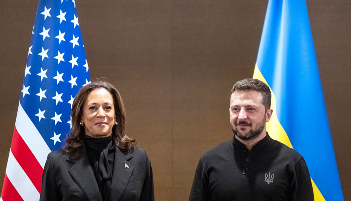 IS Vice President Kamala Harris with Ukraines president Zelenskiy at a peace summit in Switzerland. — Reuters File