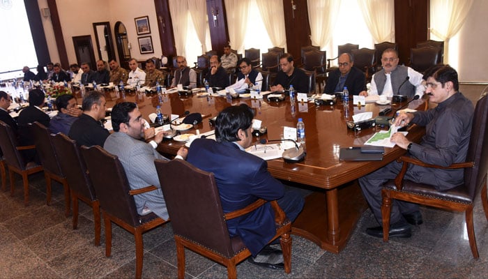 Sindh Chief Minister Syed Murad Ali Shah presides over a meeting regarding Urban flooding and preparation for Eidul Azha on June 15, 2024. — Facebook/Sindh Chief Minister House