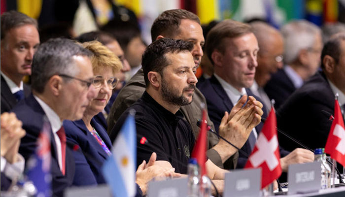 Ukrainian President Volodymyr Zelensky (centre) pictured alongside other officials during the plenary session of the Summit on Peace in Ukraine in Stansstad near Lucerne, Switzerland on June 16, 2024. — Reuters