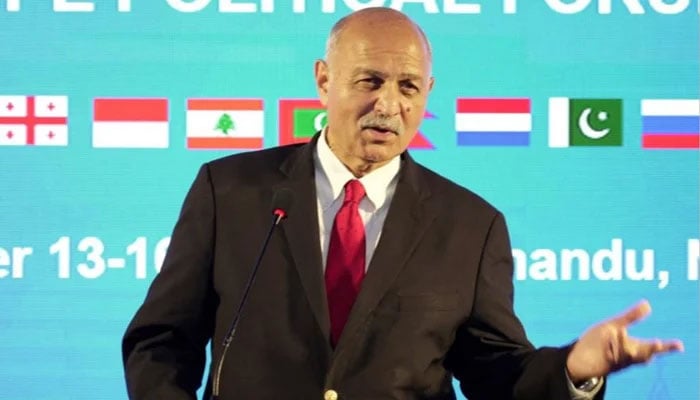 Mushahid Hussain Sayed addresses the Asia-Europe Political Forum at Kathmandu, Nepal, on the contours of the ‘Asian Century’  on December 27, 2024. —  Facebook/Mushahid Hussain Sayed