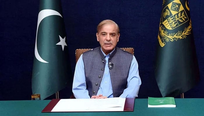 Prime Minister Shehbaz Sharif speaks to the nation in this undated image. — APP/File