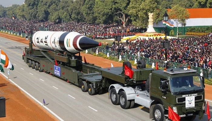 A surface-to-surface Agni V missile is displayed during the Republic Day parade in New Delhi on January 26, 2013. — Reuters