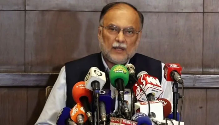 Federal Minister for Planning Ahsan Iqbal addresses a press conference in Lahore on Wednesday. — PID File