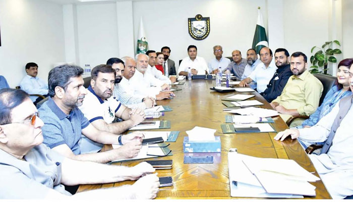 President Islamabad Chamber of Commerce and Industry Ahsan Zafar Bakhtawari presiding over a meeting in connection with the preparation of forthcoming All Pakistan Chamber President Conference image released on June 20, 2024. — INP