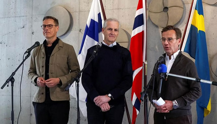 (From left) Finnish President Alexander Stubb, Norwegian Prime Minister Jonas Gahr Store and Swedish Prime Minister Ulf Kristersson, addressing the media during a visit to the Norwegian Armed Forces operational headquarters in Bodo, Norway, on June 20. — REUTERS