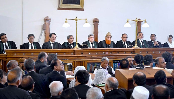 A view of Full Court Reference on the eve of the elevation of Hon’ble Chief Justice Sindh High Court Mr Justice Aqeel Ahmed Abbasi to the Supreme Court of Pakistan at the Committee Courtroom No. 1 High Court of Sindh Karachi on June 20, 2024. — APP