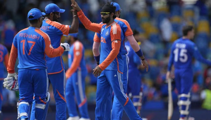 Indian players celebrate after their win in the ICC Mens T20 World Cup cricket match between Afghanistan and India at Kensington Oval in Bridgetown, Barbados, Thursday, June 20, 2024. — PTI